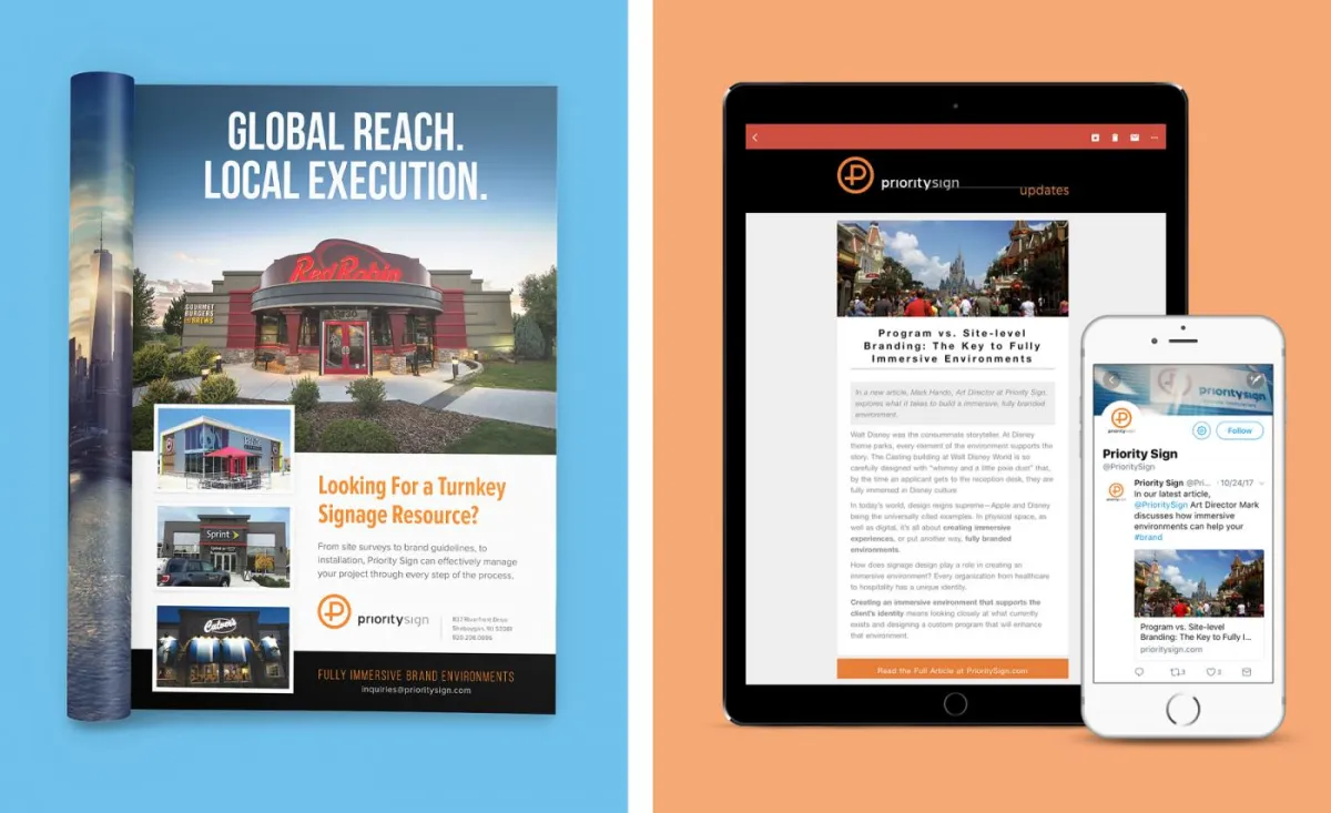 Priority Sign Marketing: Trade Print Ad, Email Newsletter & Social Posting