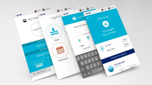 UI Prototype screens for logging activity, gamification platform