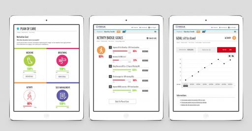 Nexus Plan of Care dashboard, Goal progress, and Goal detail screens (l-r) Nexus Disease Management Platform, dashboard on tablet