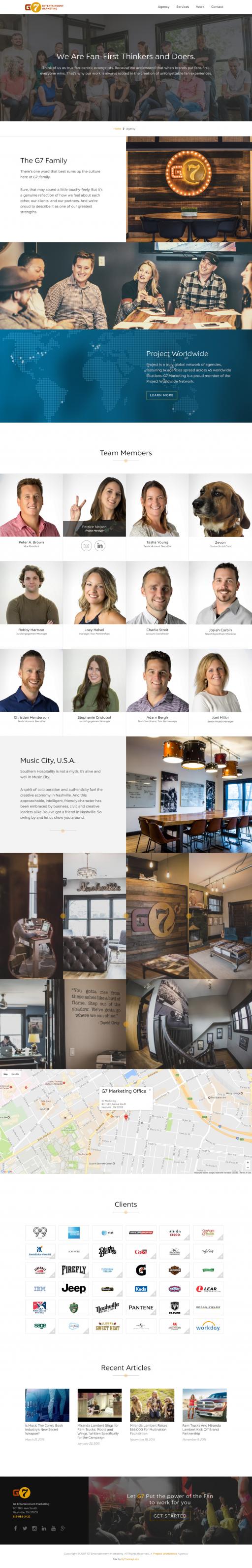 Agency page showcases location and 'culture' photos. Clients link through to cases as applicable. G7marketing.com: Agency page