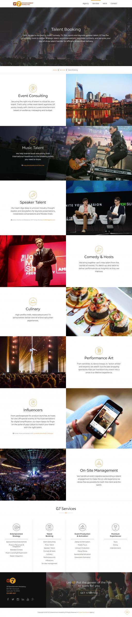 The services page highlights capabilities with real-world examples, linking through to representative cases. G7marketing.com: Services page