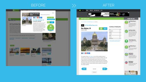 In the previous site iteration, items popped up as a modal, which hurt SEO rankings, counts, and ultimately ad revenue. Our solution was to give each list item it's own landing, establish hierarchy among the elements, and reorganize layout to improve legibility.