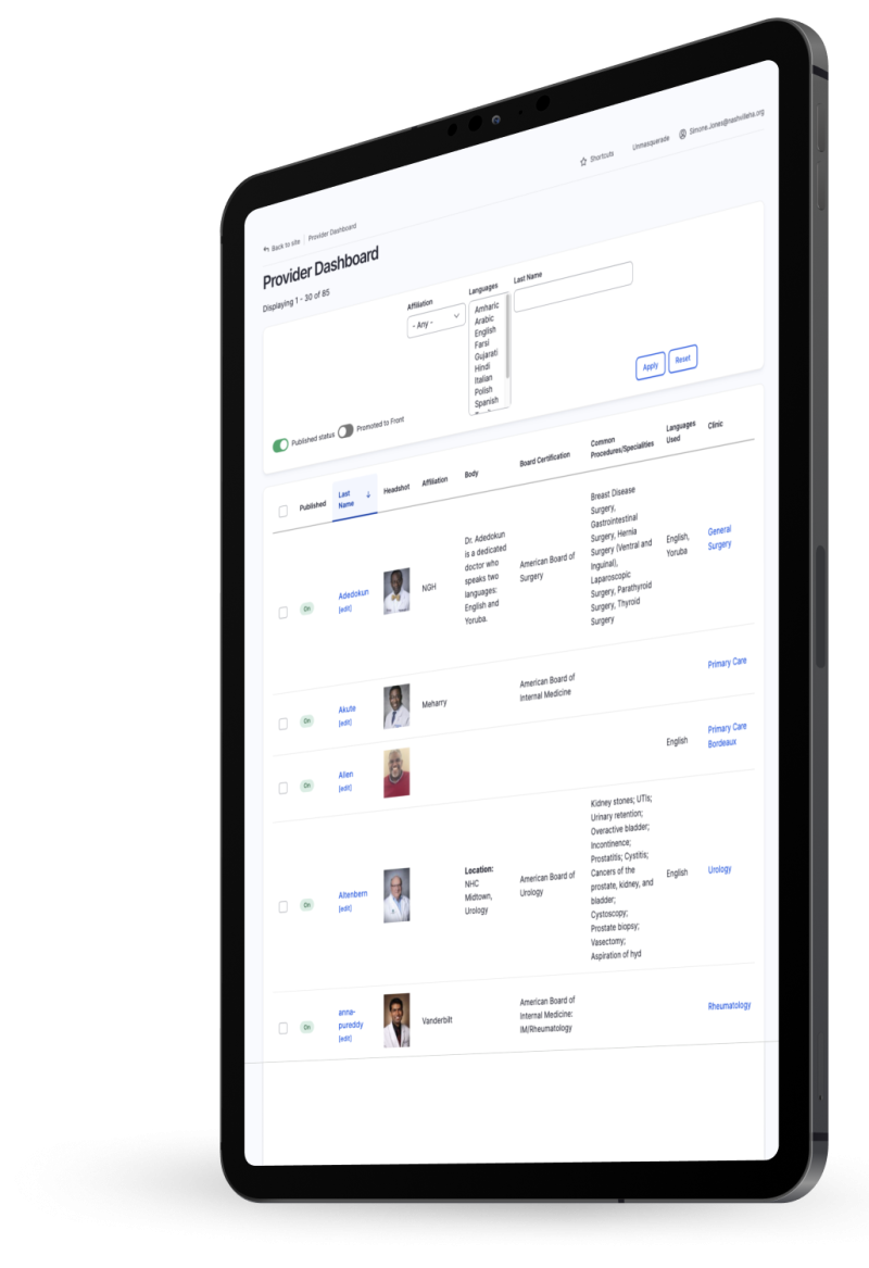 Provider Dashboard on an iPad