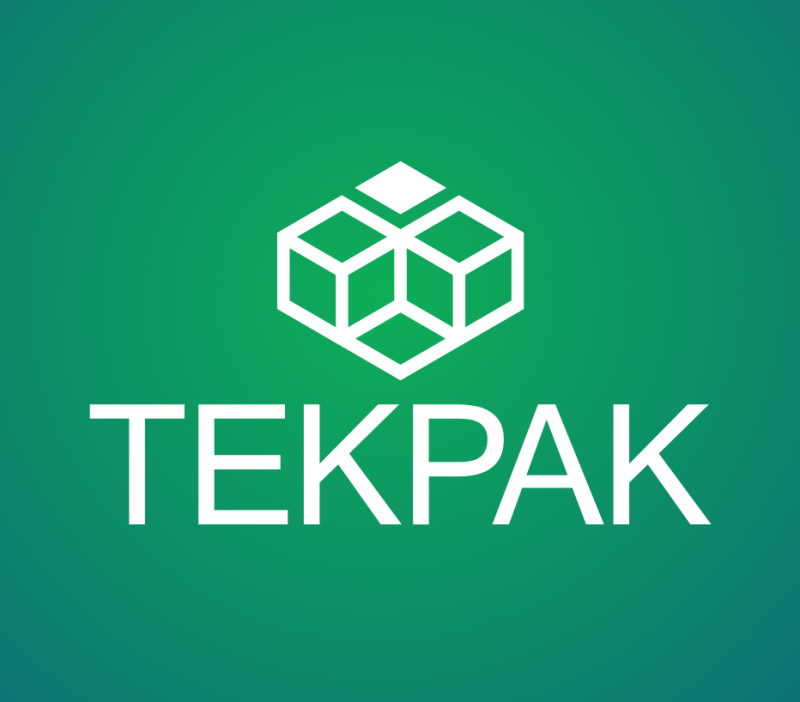 Tekpak logo, white on a green gradient