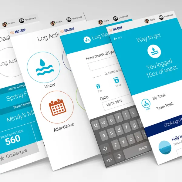 UI Prototype screens for logging activity within the gamification platform